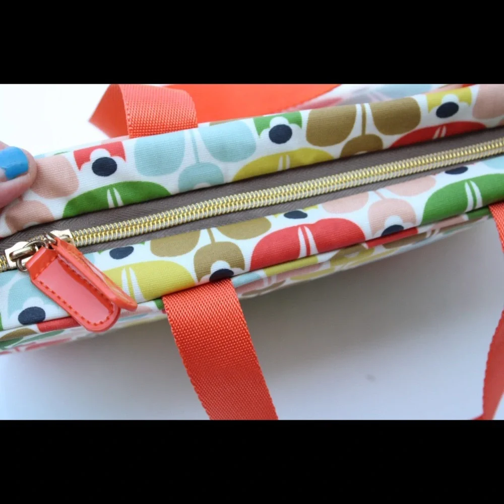 Orla Kiely Multicolor Floral Pattern Cosmetic Bag with Orange Handles